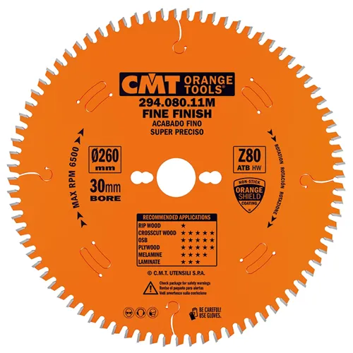 CMT Orange Kreissägeblätter für Querschnitte, für Handkreissägen - D260x2,5 d30 Z80 HW -5°Neg