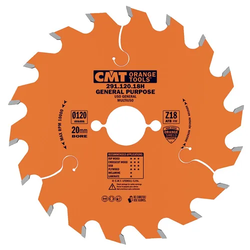 CMT Orange Kreissägeblätter für Querschnitte - D120x1,8 d20 Z18 HW Industrial
